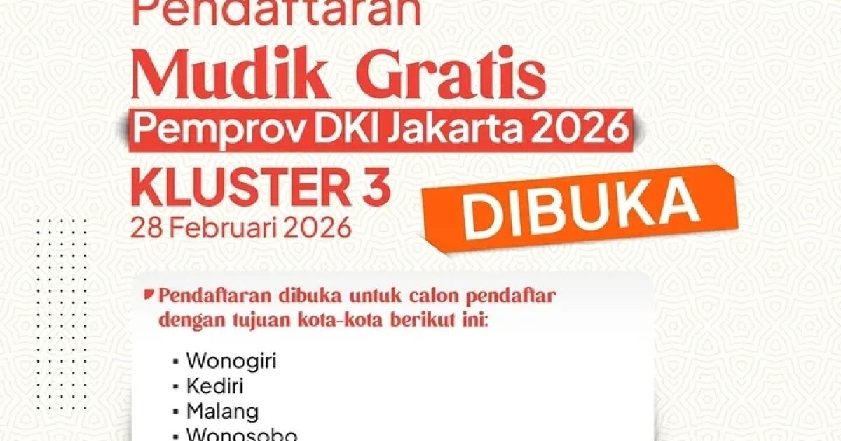 Dinas Perhubungan (Dishub) DKI Jakarta secara resmi mengumumkan pembukaan pendaftaran Mudik Gratis Pemprov DKI Jakarta 2026 Kluster 3 (Foto: Pemprov DKI Jakarta)