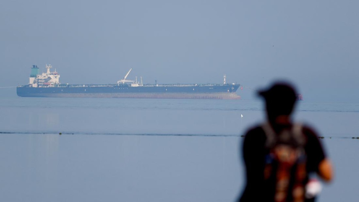 Foto: Seorang turis mengamati kapal tanker minyak MT Desert Kite yang membawa minyak Rusia di Taman Nasional Laut Narara di Laut Arab, Gujarat, India, 11 Maret 2026. (REUTERS/Amit Dave)