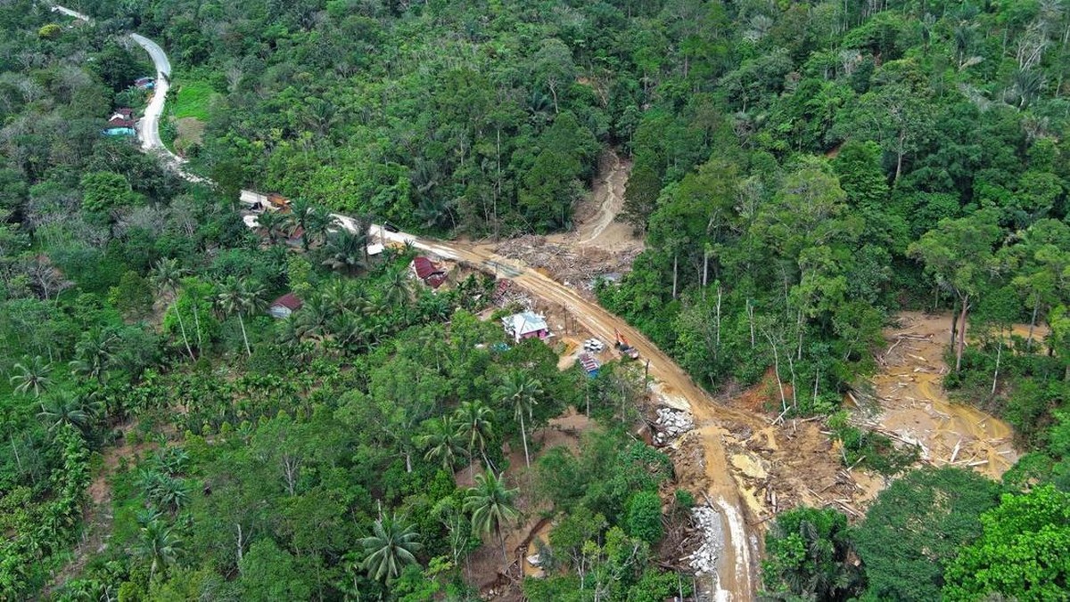 Foto: Kondisi jalan lintas Tarutung-Padang Sidempuan kilometer 12 hingga Batu Jomba, Sipirok, Tapanuli Selatan, Sumatra Utara, Senin (1/12/2025). (Dok. BNPB)