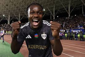 Qarabagh's Ghanaian forward #11 Emmanuel Addai celebrates 