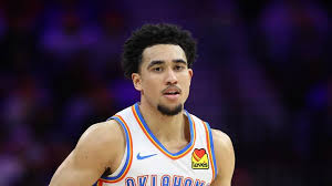 Mar 23, 2026; Philadelphia, Pennsylvania, USA; Oklahoma City Thunder guard Jared McCain (3) dribbles the ball against the Philadelphia 76ers during the fourth quarter at Xfinity Mobile Arena. Mandatory Credit: Bill Streicher-Imagn Images | Bill Streicher-Imagn Images