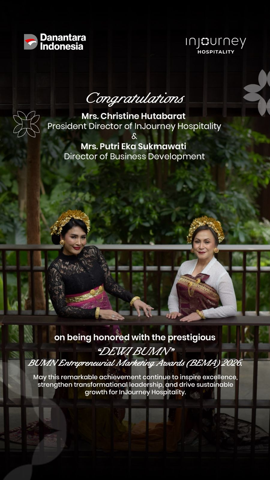 Dua Pimpinan InJourney Hospitality Dianugerahi Penghargaan Bergengsi DEWI BUMN 2026