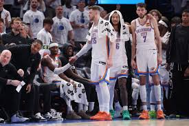 Oklahoma City celebrates during the closing minutes of its Game 5 win. Christian Petersen / Getty Images