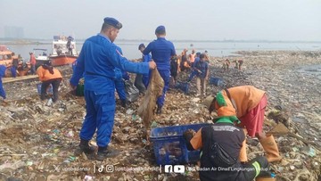 Video hamparan sampah membentuk pulau di pesisir Jakut viral di medsos. Petugas gabungan membersihkan 'pulau sampah' tersebut. (dok DLH DKI)