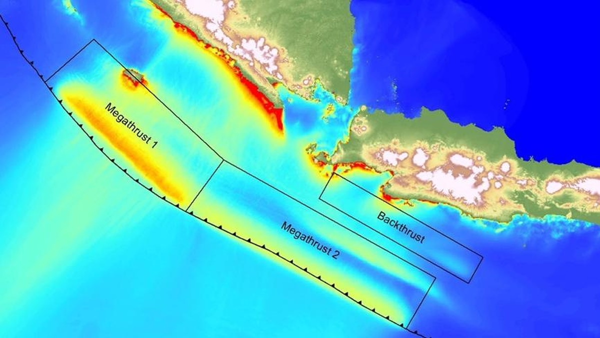 Foto: Segmen zona megathrust di selatan Jawa dan Sumatra. (Dok. Jurnal On the potential for megathrust earthquakes and tsunamis  off the southern coast of West Java and southeast Sumatra, Indonesia)
