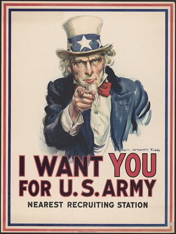 Poster Paman Sam ciptaan J. M. Flagg, I Want You for U.S. Army poster (1917). Foto: J. M. Flagg/Wikicommon
