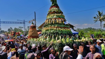 Sejumlah warga mengusung gunungan hasil bumi saat kirab Grebeg Suro Paseban Agung Malawapati di Bojonegoro, Kedu, Temanggung, Jawa Tengah. Tradisi tahunan pada bulan Suro dalam penanggalan Jawa itu menjadi wujud rasa syukur sekaligus upaya menjaga warisan budaya yang terus dilestarikan masyarakat. ANTARA FOTO/Anis Efizudin