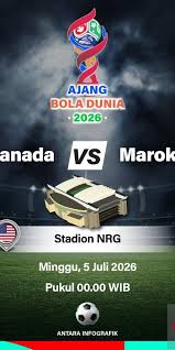 Grafik ilustrasi pertandingan Kanada melawan Maroko pada babak 16 besar Piala Dunia 2026 yang akan berlangsung di Stadion NRG, Houston, Texas, Amerika Serikat, Sabtu (4/7/2026) waktu setempat. ANTARA INFOGRAFIK/Vintan Rahmadanti
