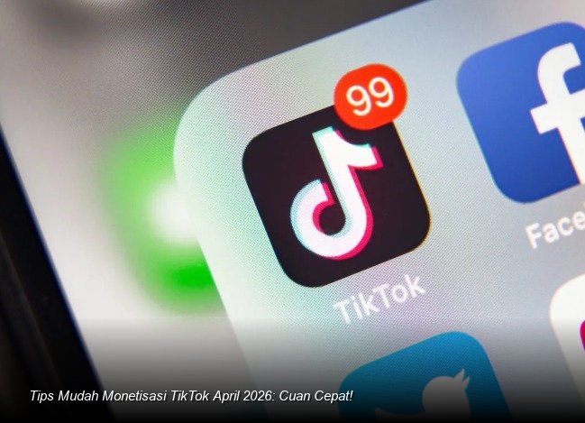 Ilustrasi smartphone menampilkan aplikasi TikTok dengan grafik pertumbuhan penghasilan yang signifikan dan notifikasi transfer uang masuk.
