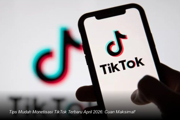 Ilustrasi smartphone menampilkan antarmuka aplikasi TikTok dengan notifikasi pop-up yang menunjukkan saldo penghasilan yang bertambah secara signifikan.