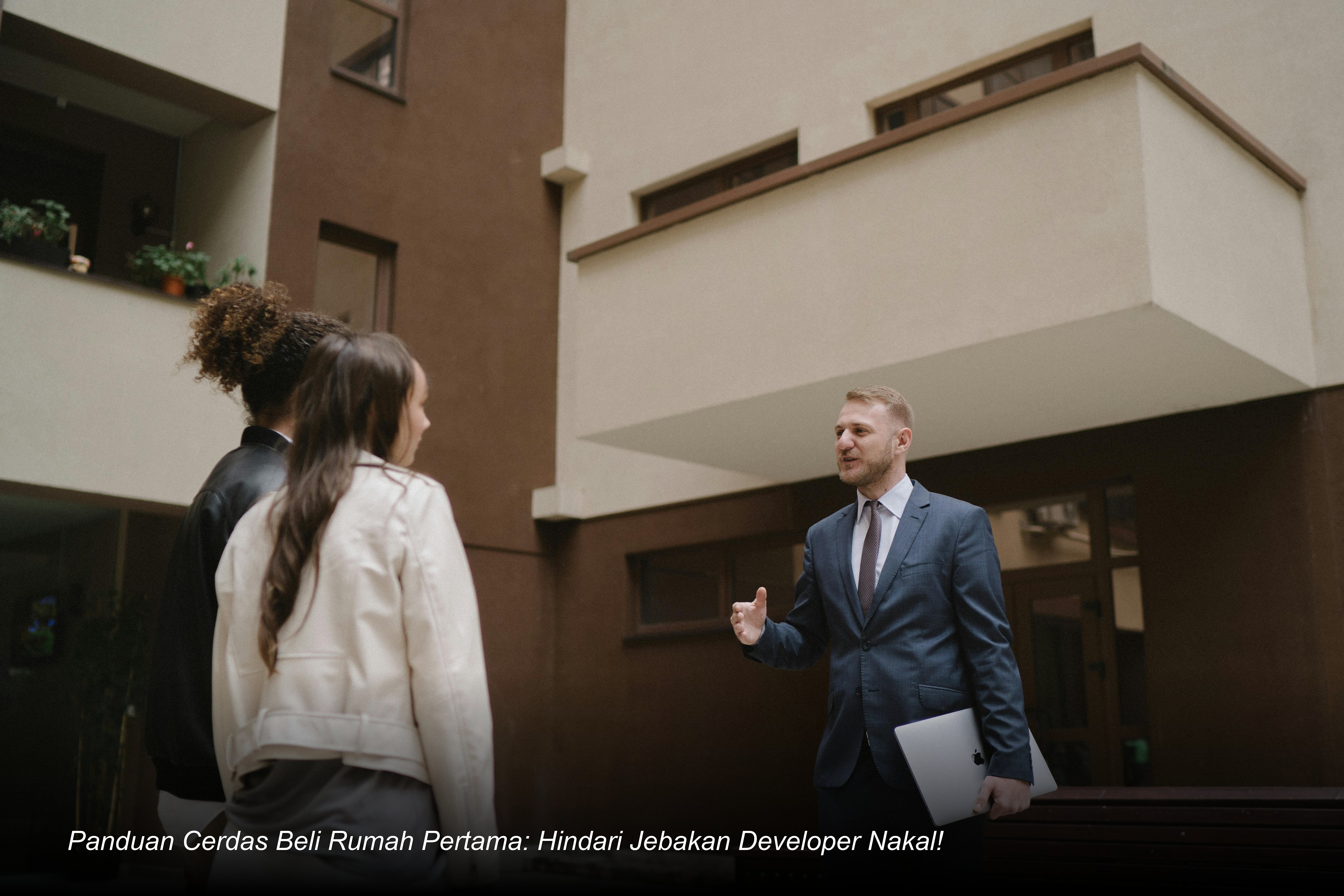 Seorang pasangan muda sedang menandatangani dokumen akad kredit di hadapan petugas bank dengan latar belakang visualisasi maket rumah minimalis modern.