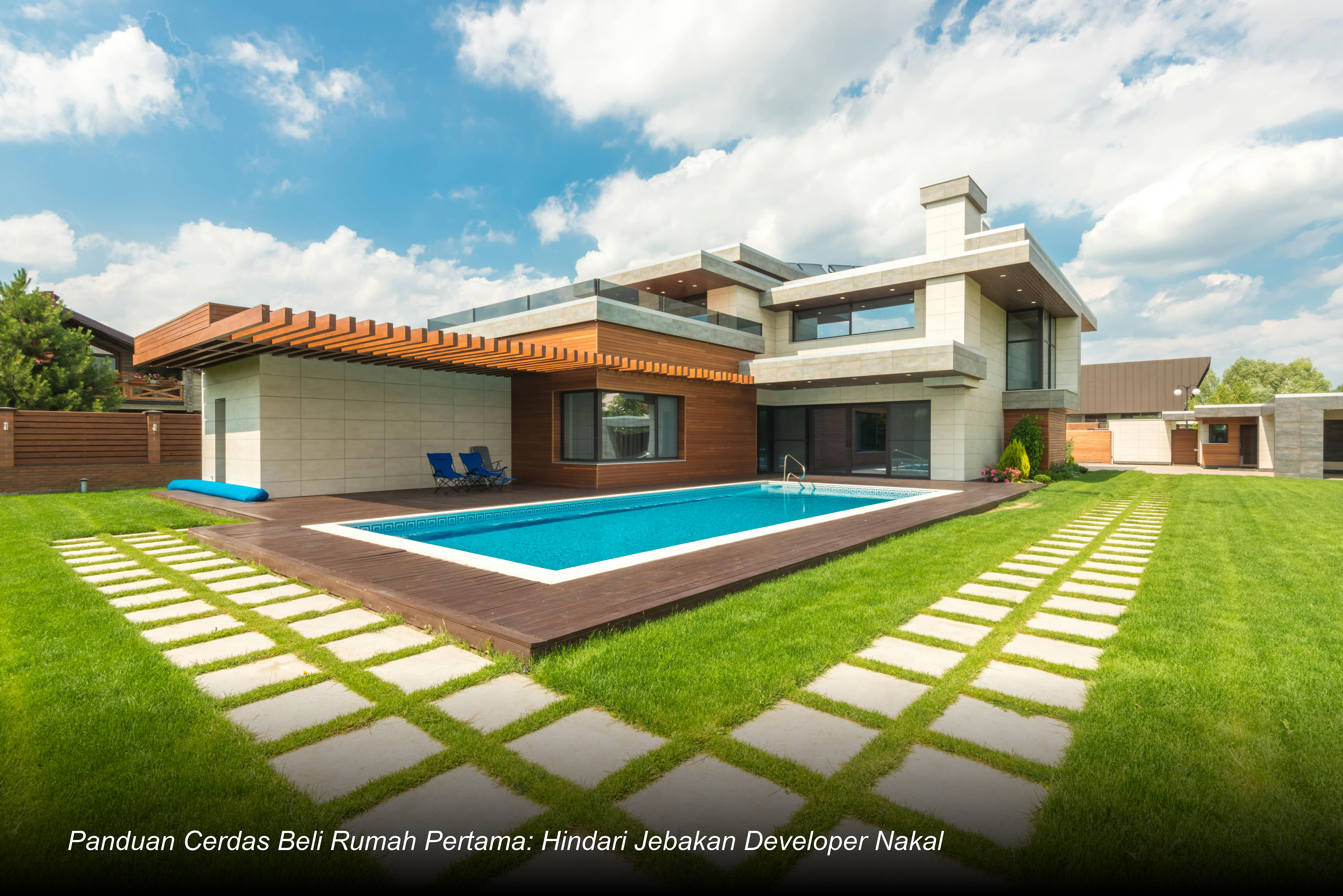 Seorang pasangan muda sedang meninjau denah rumah minimalis modern di depan lokasi proyek perumahan yang sedang dibangun.