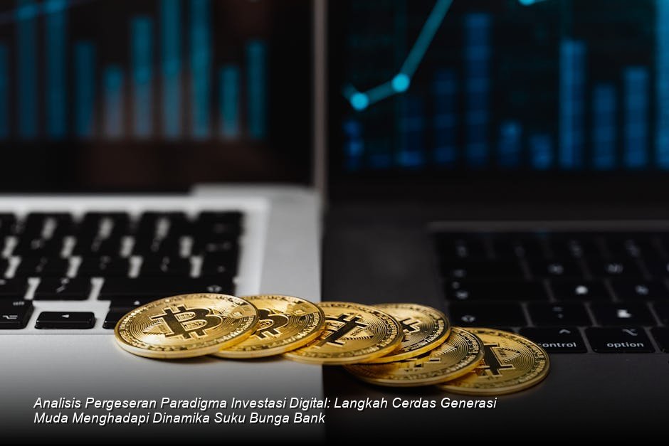Grafik batang pertumbuhan aset investasi digital yang disejajarkan dengan grafik penurunan inflasi, dengan latar belakang gedung Bursa Efek yang modern.