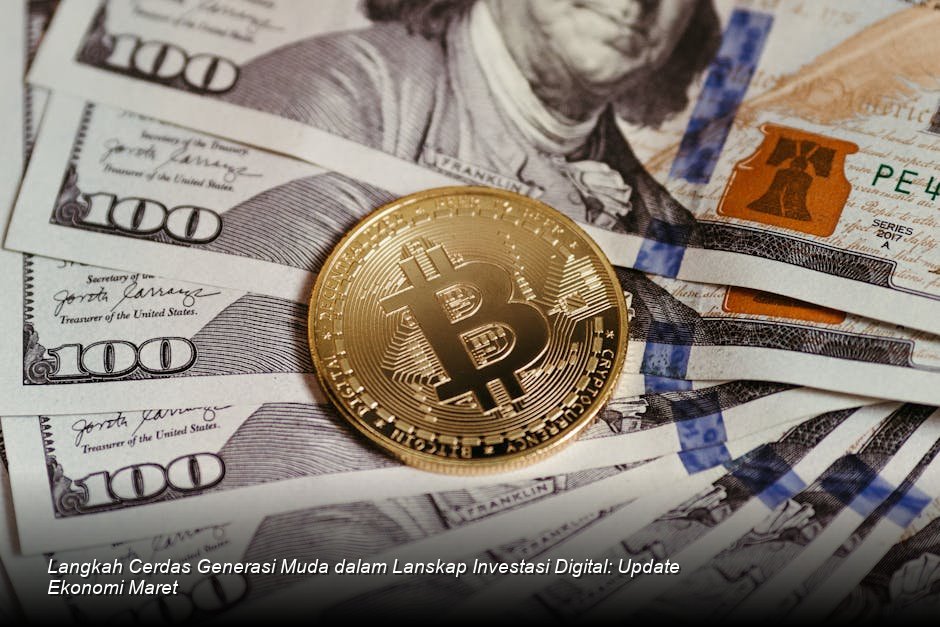 Grafik batang biru yang menunjukkan pertumbuhan investasi digital generasi muda di atas latar belakang gedung pencakar langit modern.
