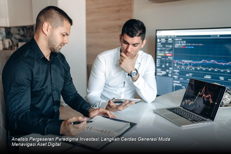Grafik batang berwarna hijau yang menunjukkan tren pertumbuhan investasi digital yang stabil di atas garis baseline dengan latar belakang gedung perkantoran modern.