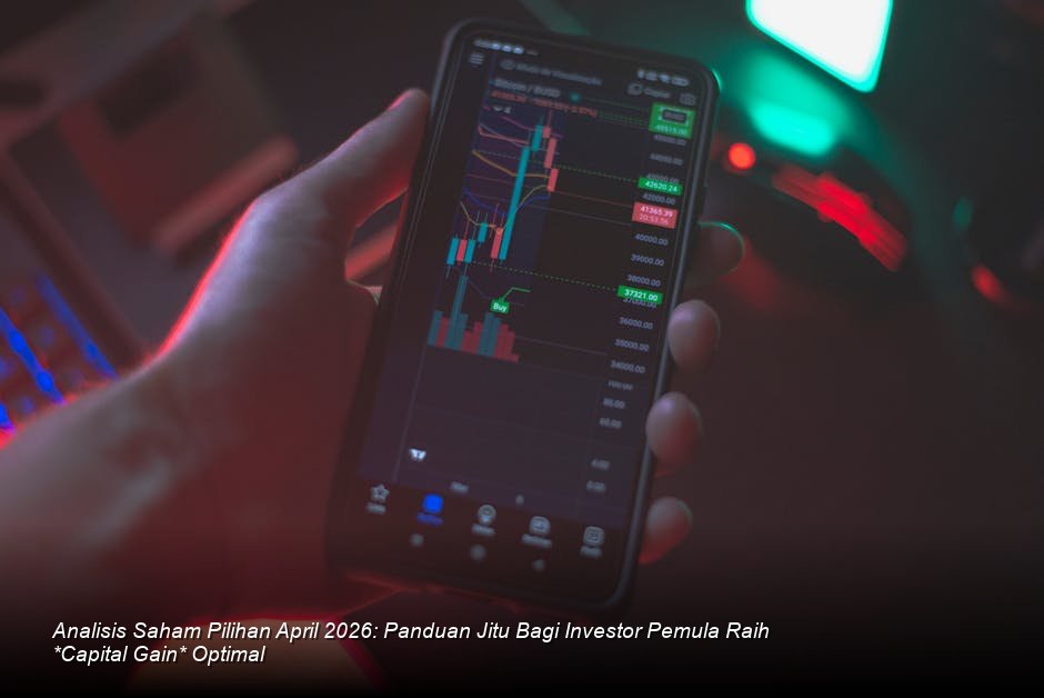 Visualisasi grafik *candlestick* saham berwarna hijau yang menunjukkan tren kenaikan solid di tengah latar belakang pusat perdagangan saham modern.